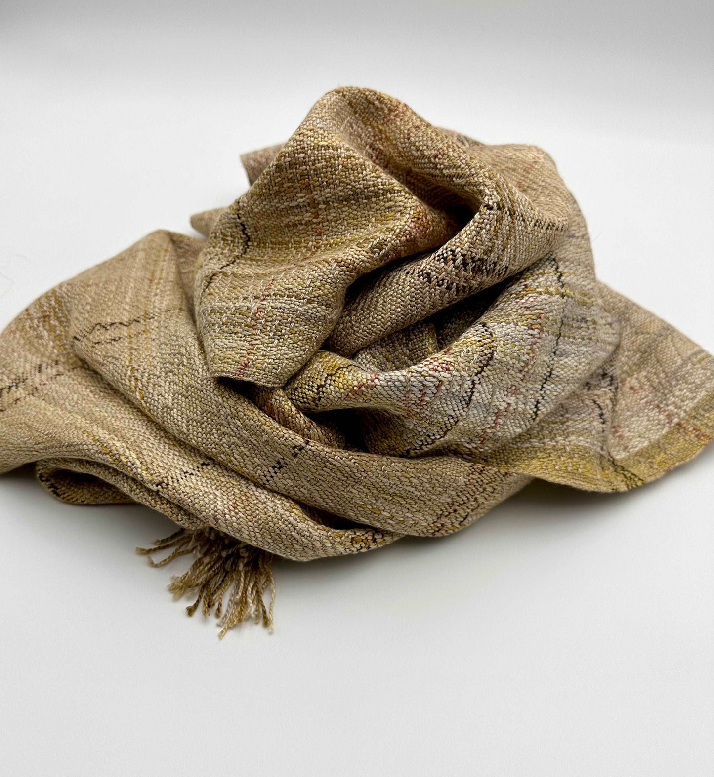 warm toned womens handwoven scarf with notes of golden yellow and dark red