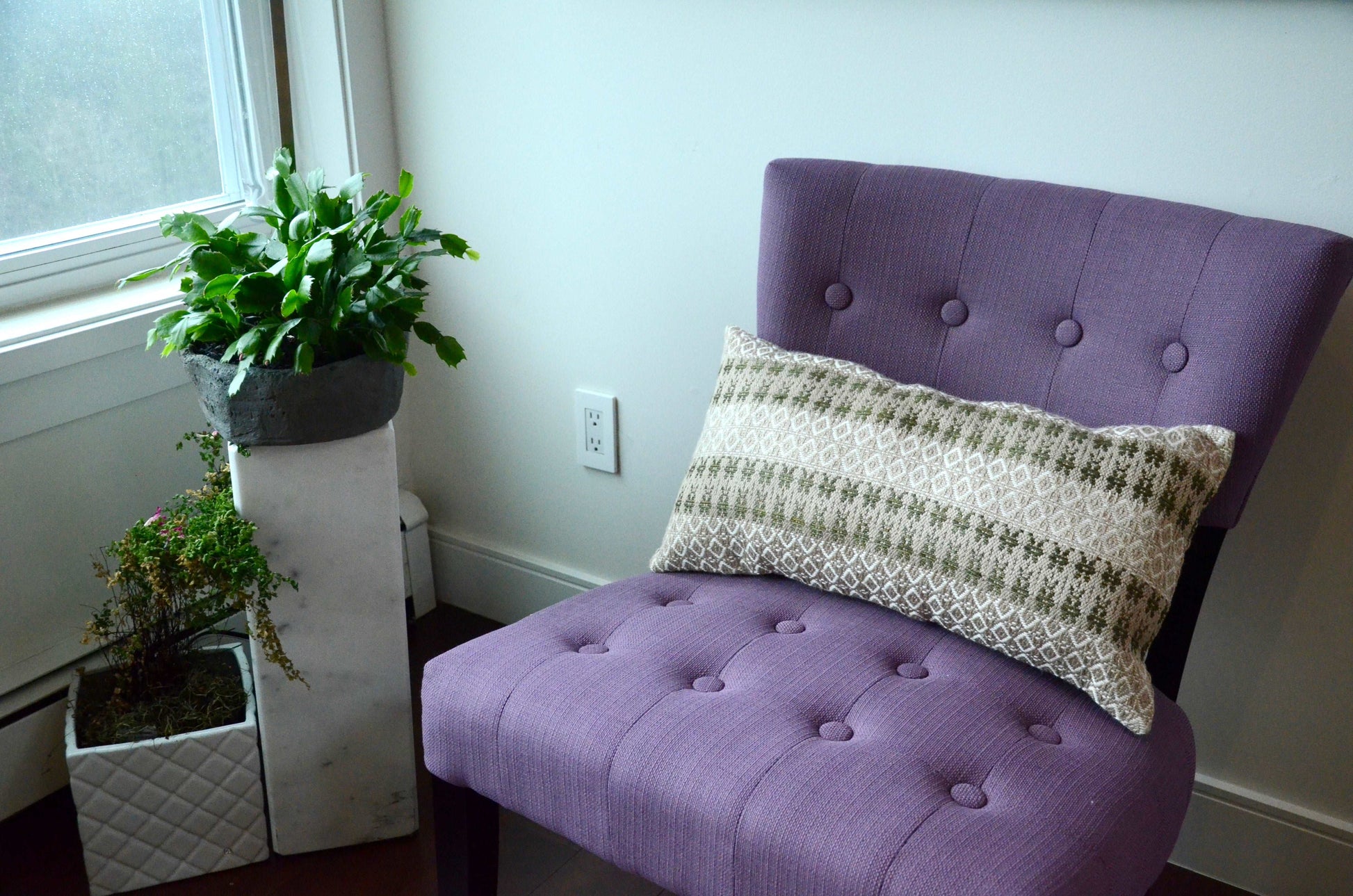 Neutral Cream colored handwoven throw pillow with sage woven details