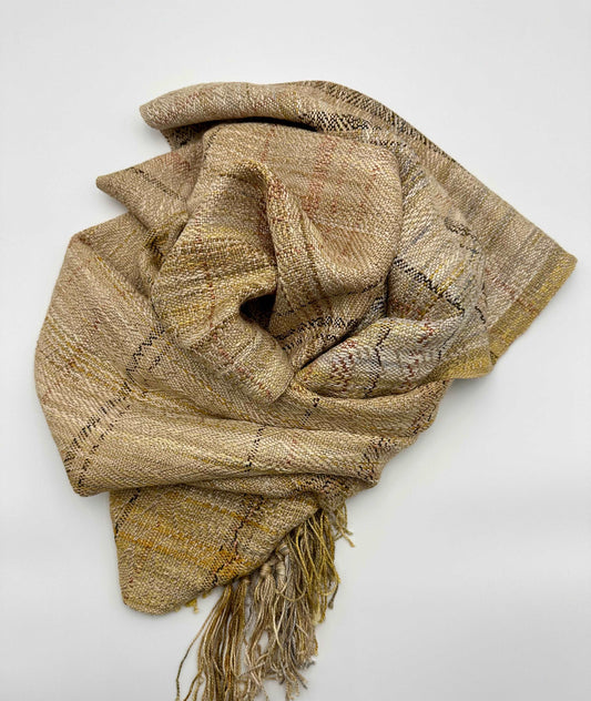 warm toned womens handwoven scarf with notes of golden yellow and dark red