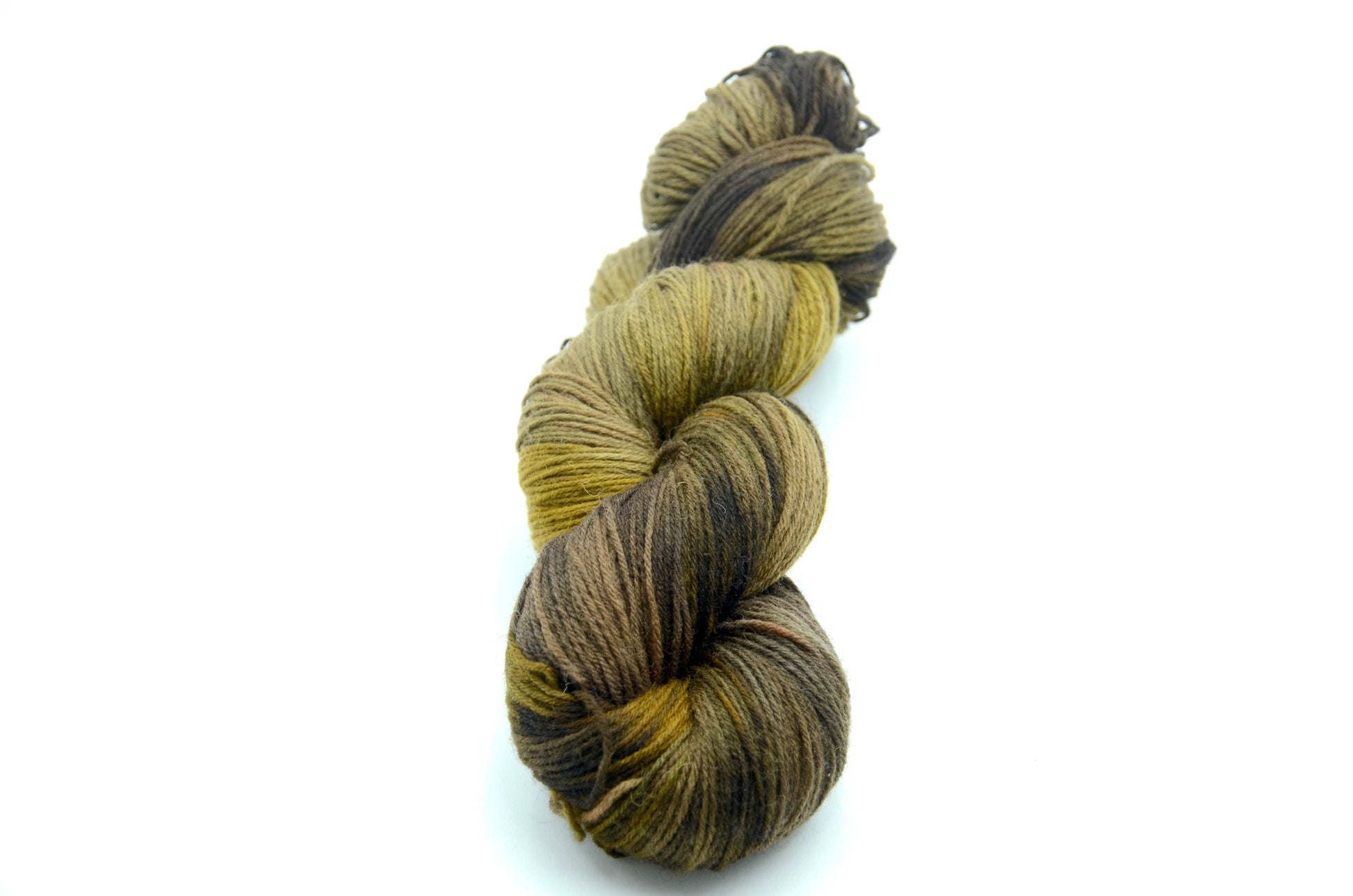 olive colored hand painted and hand dyed knitting yarn with notes of dark army green